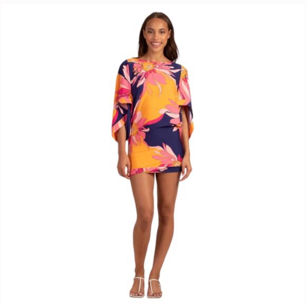 TRINA TURK Breeze Swim Tunic Cover Up Blue Yellow Pink Dress sz M $152